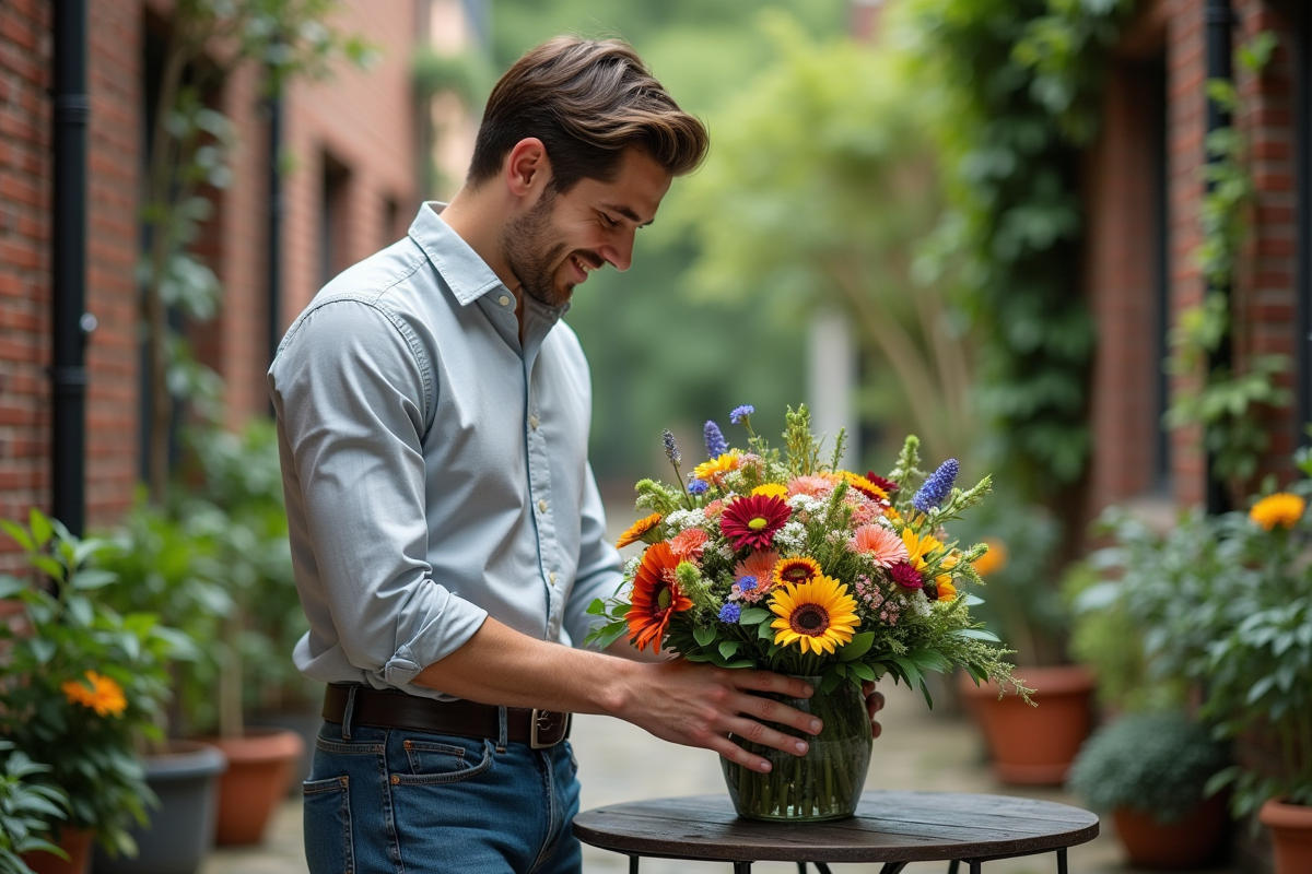 Jeune homme arrangeant un bouquet de fleurs sur un balcon urbain