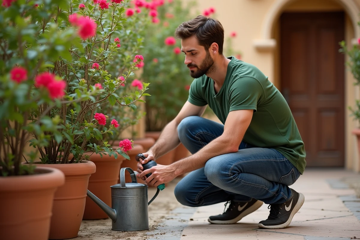 Jeune homme appliquant fertilisant à une bougainvillée