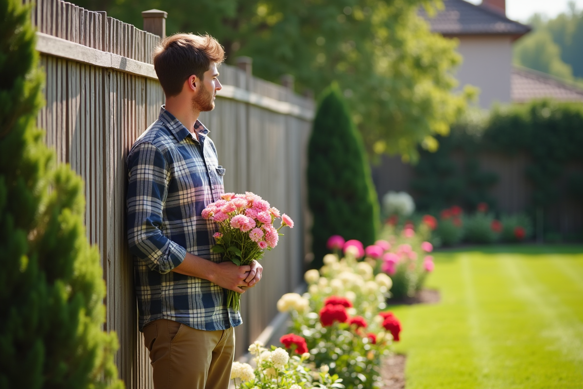 Jeune homme admirant un parterre de fleurs dans son jardin