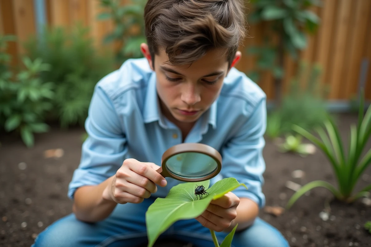 Jeune homme examinant un insecte sur une feuille dans le jardin