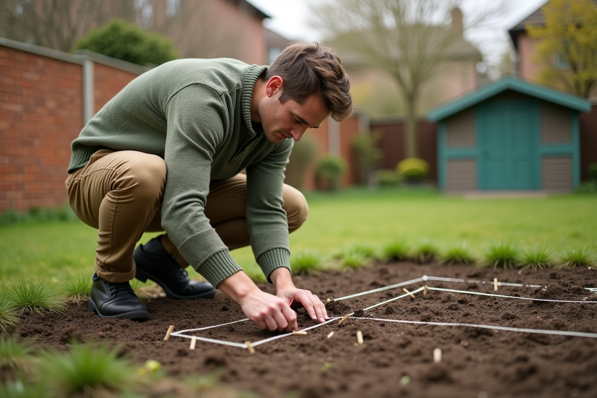 Jeune homme planifiant un parterre avec corde et piquets