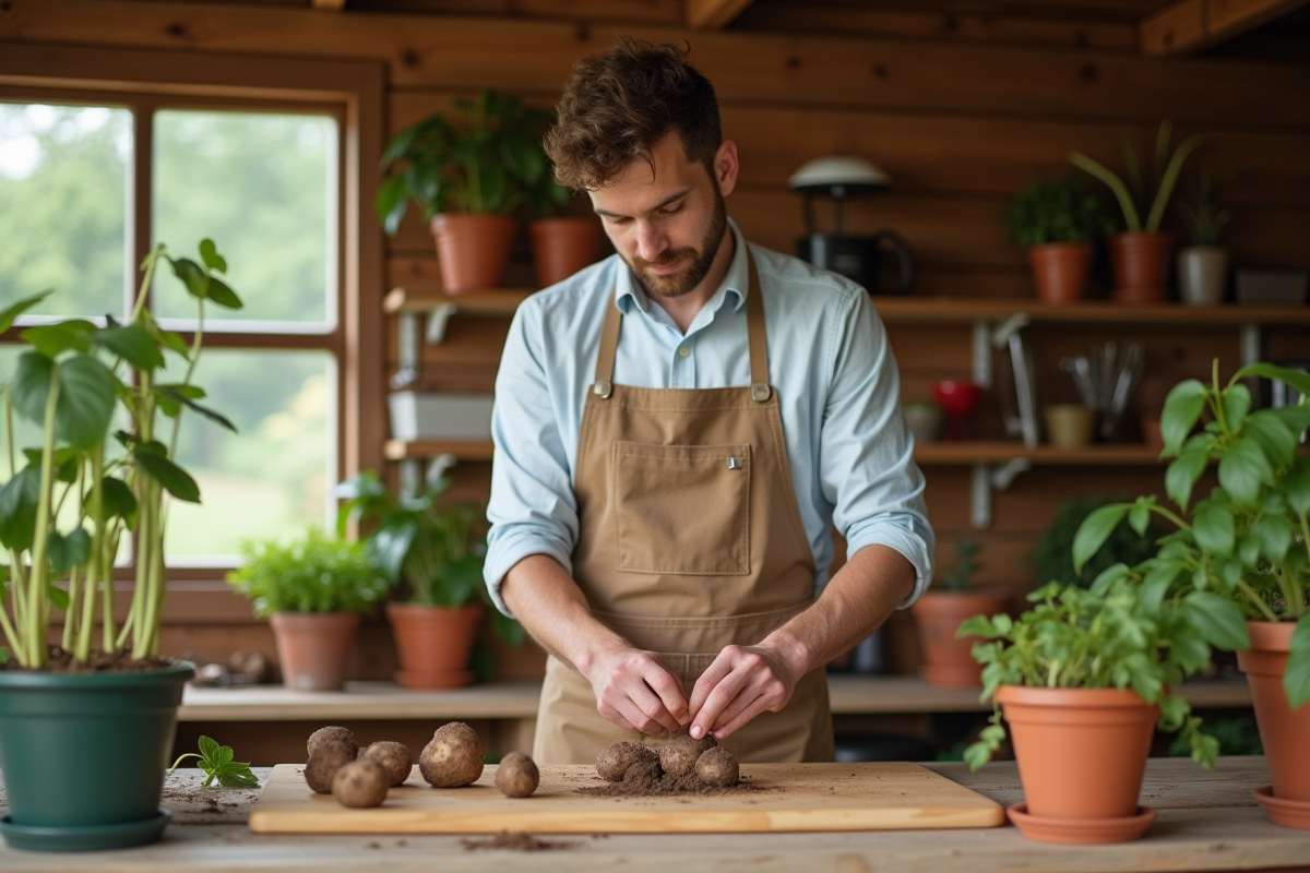 Jeune homme préparant des tubers de dahlia dans un atelier de jardinage