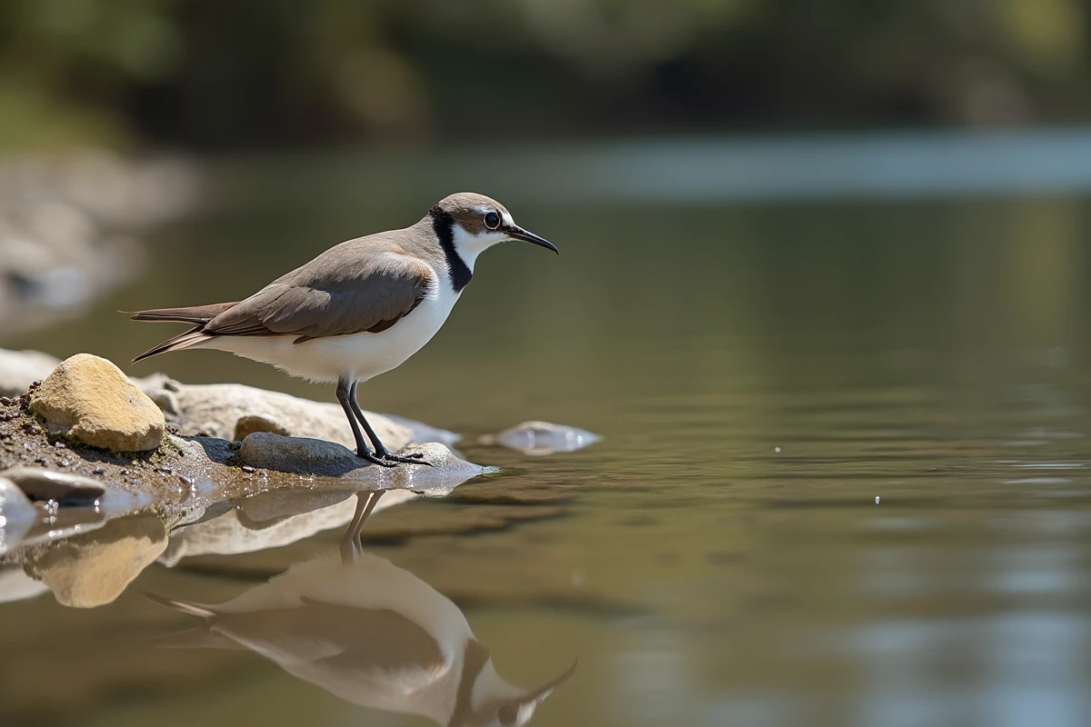 Jeune mouette regardant son reflet sur une pierre au bord du lac