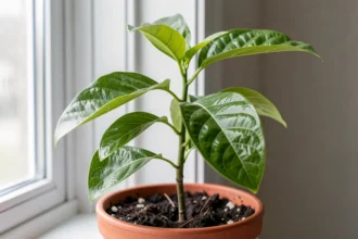 Jeune plante d'avocat en pot sur le rebord d'une fenêtre lumineuse