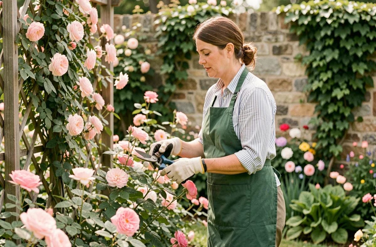 Jardinière de La Main Verte taillant des rosiers dans un jardin de style cottage dans l'Aisne
