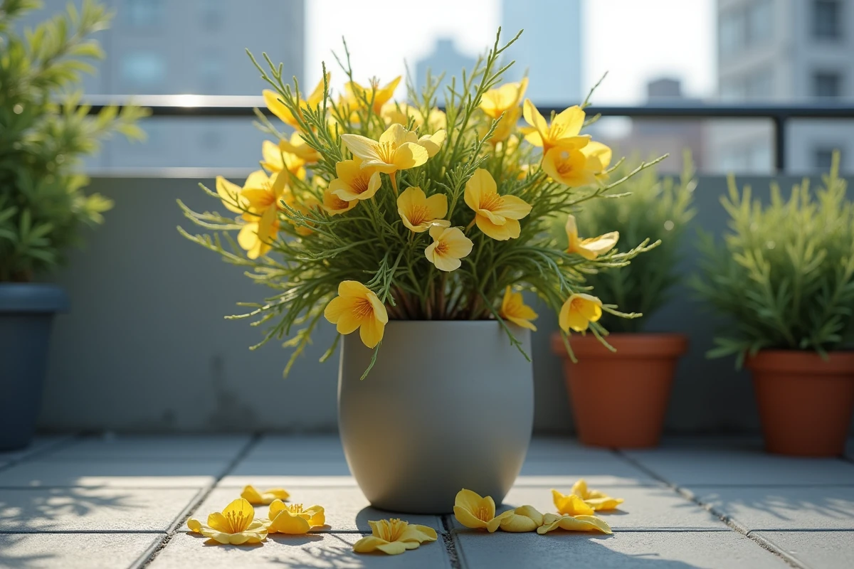 Laurier rose en pot sur balcon urbain avec feuilles jaunes tombées sur le sol en béton