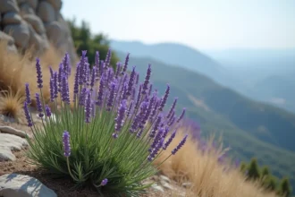 Fleurs de lavande sauvage mauves poussant sur un versant calcaire en Provence, France