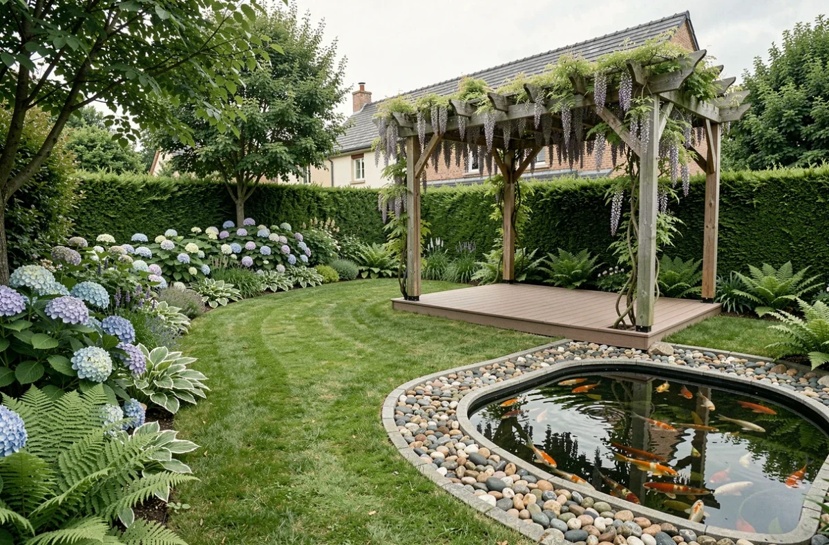 Jardin réaménagé par Leconte Paysage avec tonnelle en bois, bordures d'hortensias et bassin à koïs dans une propriété suburbaine de Loire-Atlantique