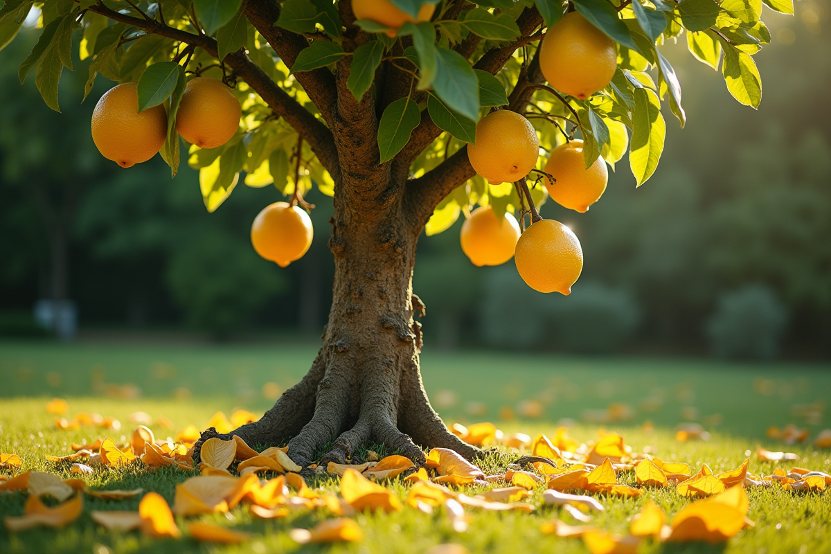 Arbre de citron mature avec branches flétries et feuilles tombées