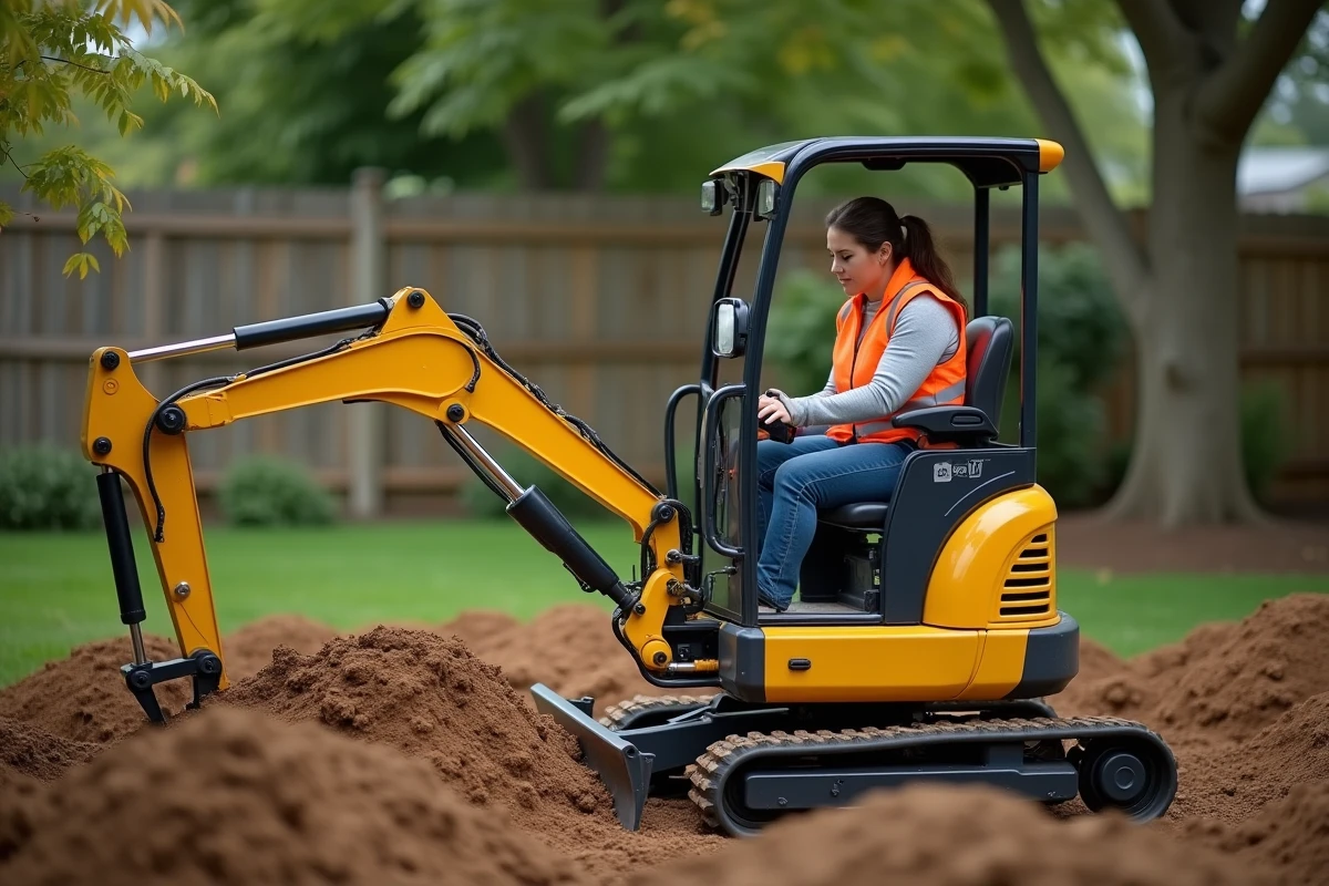 Femme utilisant une mini pelle de location pour creuser une tranchée dans un jardin privé