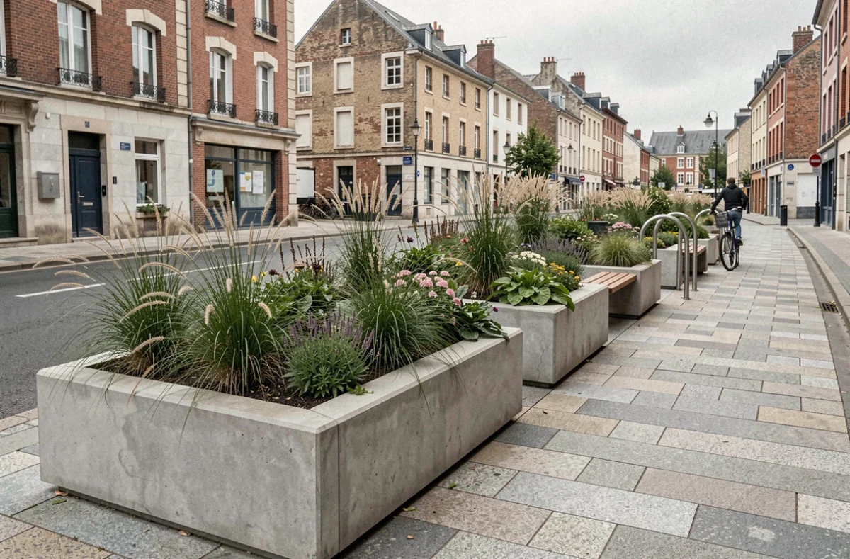 Aménagement paysager urbain réalisé par L P Urbain avec jardinières surélevées et plantes ornementales le long d'une rue piétonne en Loire-Atlantique
