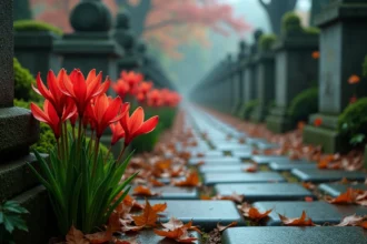 Fleurs de lycoris radiata rouge sang poussant le long d'un chemin de pierre dans un cimetière japonais traditionnel enveloppé de brume automnale