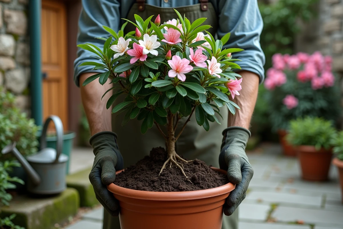 Mains d'un jardinier expérimenté tenant un azalée en pleine floraison au-dessus d'un pot en terre cuite rempli de terreau