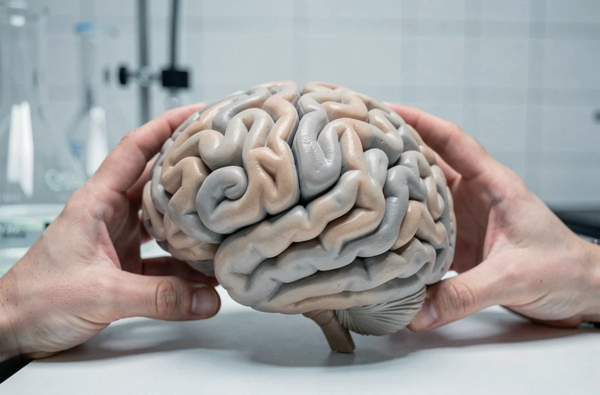 Maquette anatomique détaillée du cerveau humain tenue par deux mains dans un laboratoire, illustrant les structures cérébrales liées à l'élagage synaptique
