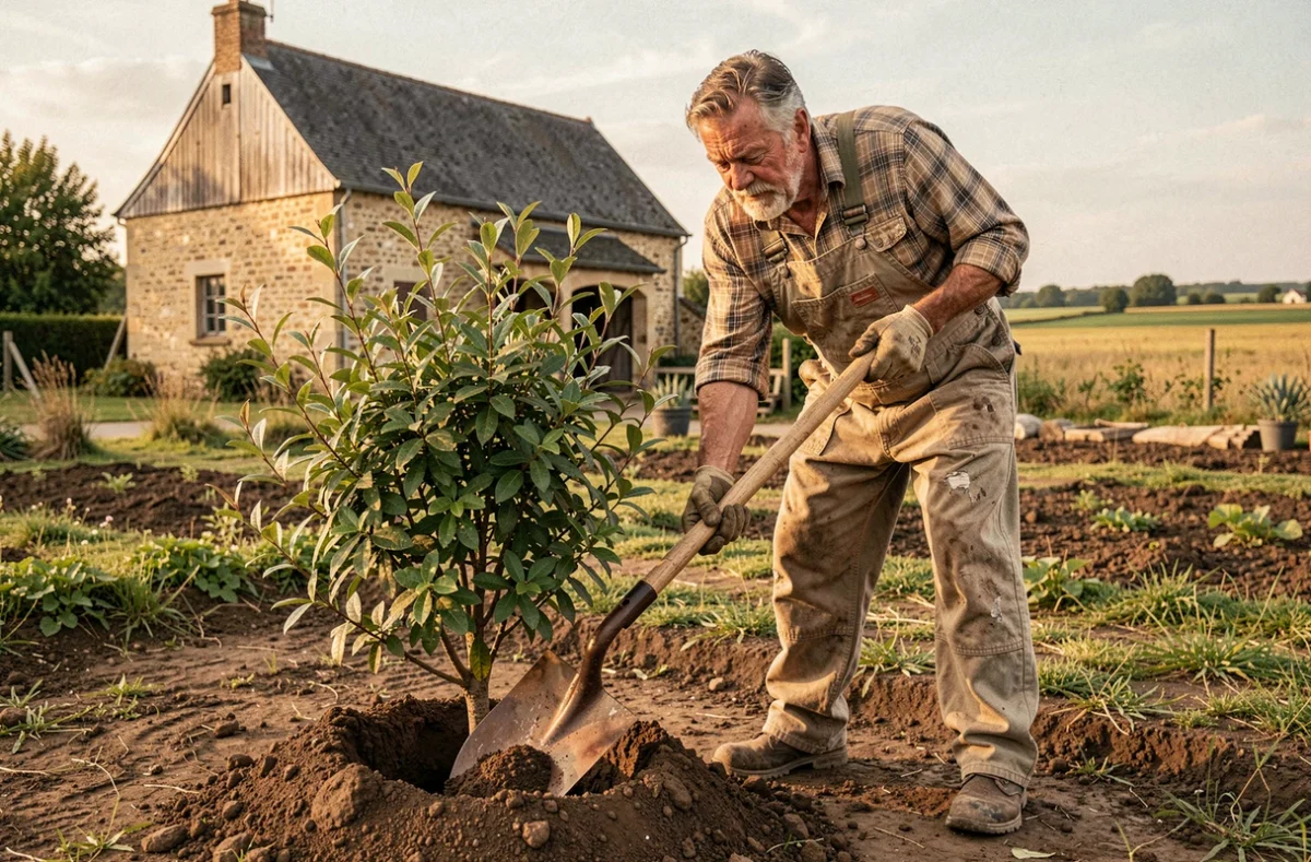 Jardinier expérimenté Marliot Jacky replantant un arbuste mature dans un jardin rural de l'Aisne