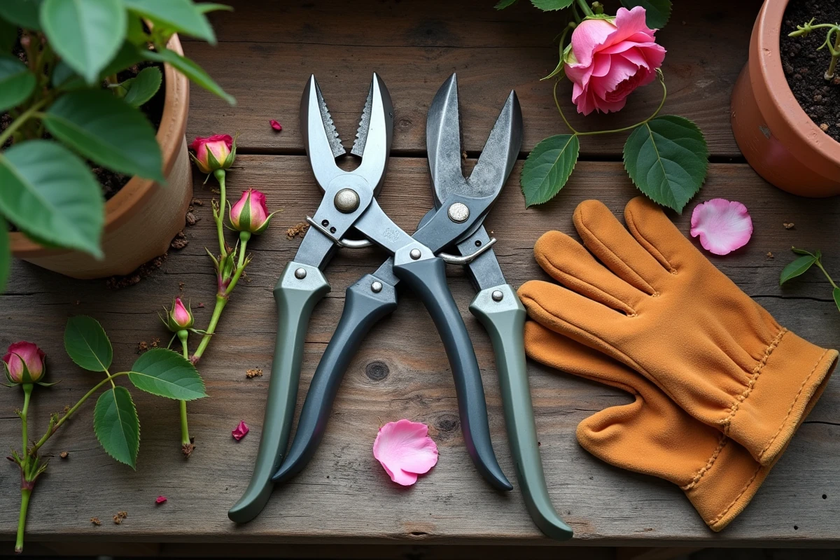 Sécateur de jardinage posé sur un établi en bois avec des tiges de rosier coupées et des fleurs fanées, matériel de taille après entretien