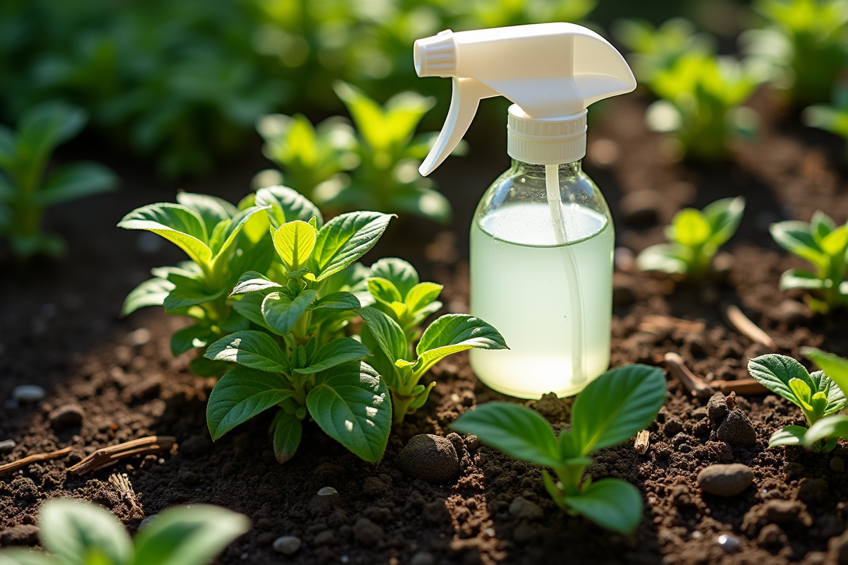 Zoom sur mauvaises herbes et vaporisateur de vinaigre dans le jardin