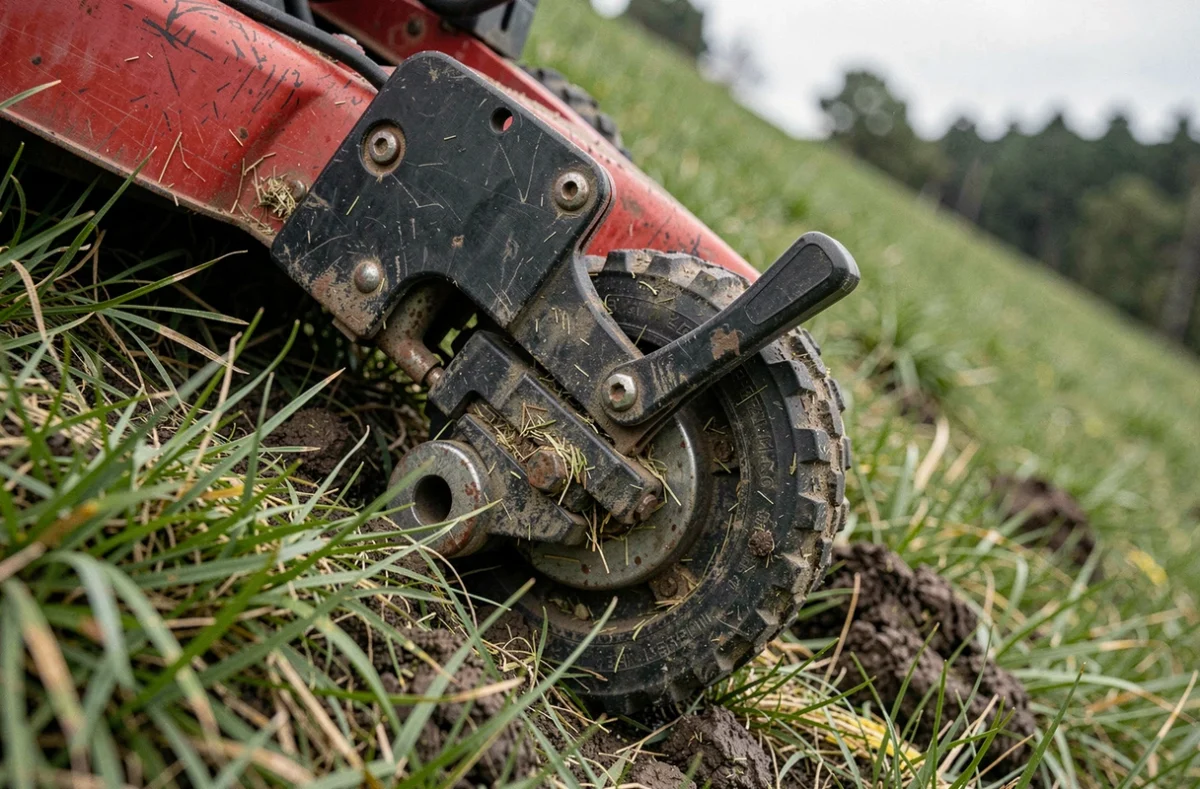 Gros plan sur le mécanisme d'enclenchement de lame d'un tracteur tondeuse positionné sur une pente herbeuse avec traces d'usure visibles