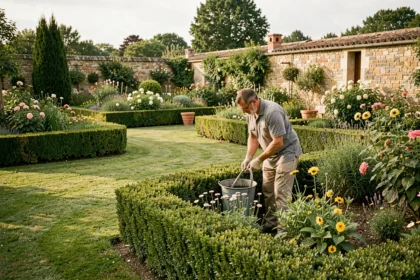 Jardinier professionnel travaillant dans un jardin verdoyant en Gironde, vue grand angle sur pelouse soignée et haies taillées
