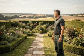 Paysagiste professionnel inspectant un jardin soigné dans l'Aisne avec vue sur la campagne picarde