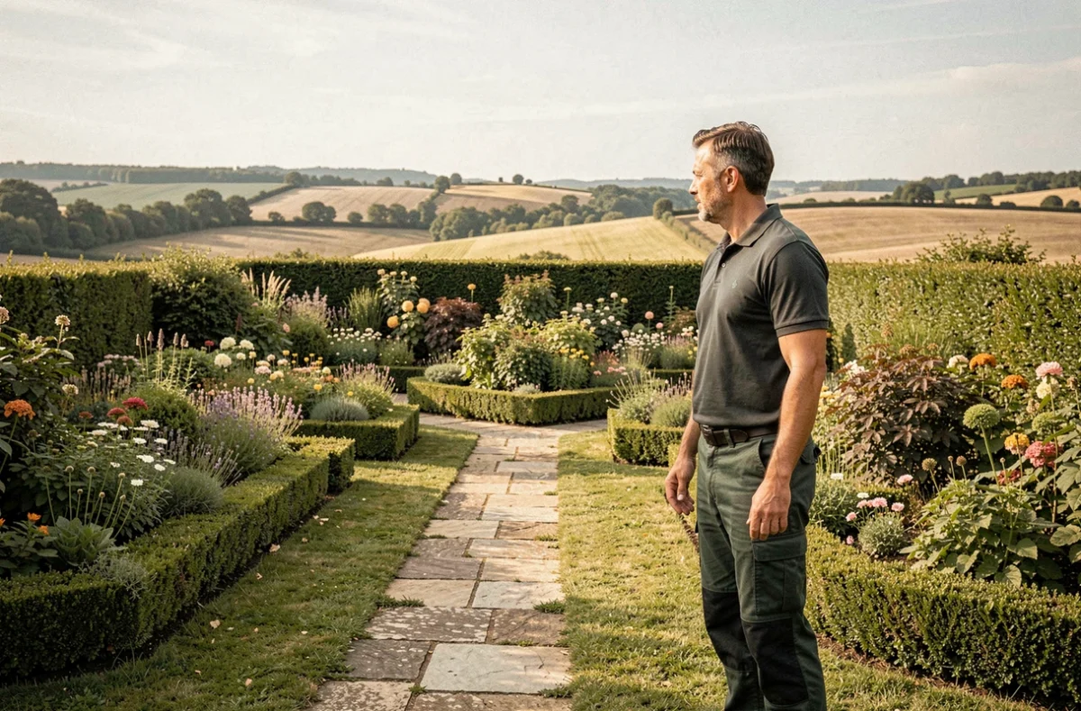 Paysagiste professionnel inspectant un jardin soigné dans l'Aisne avec vue sur la campagne picarde