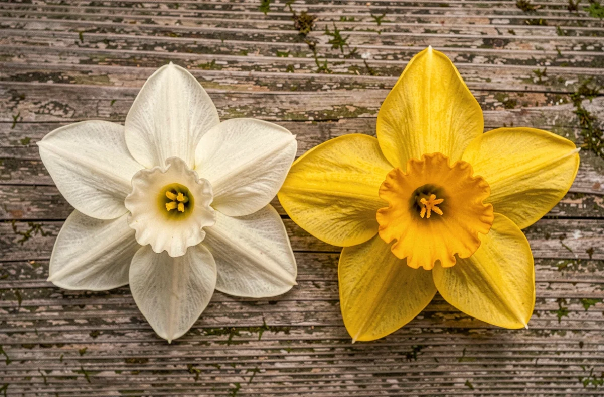 Narcisse blanc et jonquille jaune côte à côte sur bois pour aider les enfants à distinguer les deux fleurs