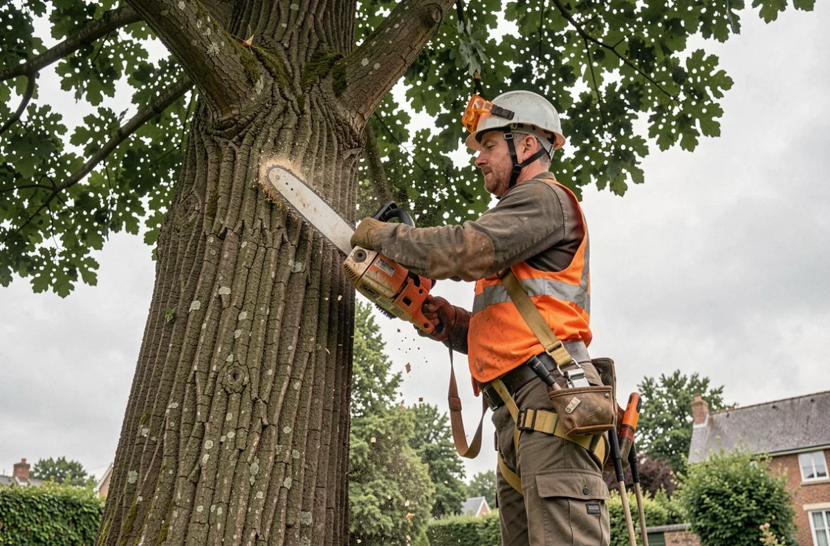 Arboriste de Net Paysage Élagages Aisne procédant à l'élagage d'un grand chêne en jardin résidentiel