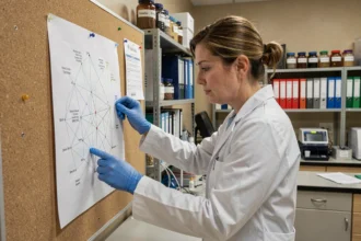 Neuroscientiste en blouse blanche examinant un schéma de connexions neuronales dans un laboratoire universitaire, illustrant le concept d'élagage synaptique