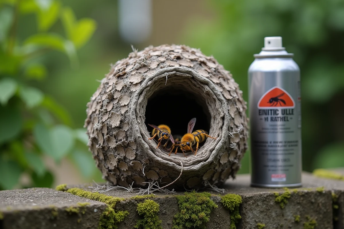 Nid de frelons asiatiques retiré posé sur un muret de jardin avec une bombe insecticide officielle à côté