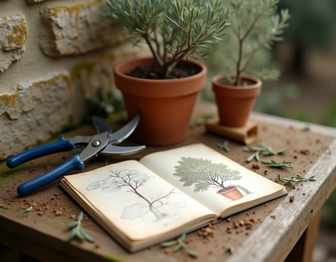 Sécateur et carnet de taille posés sur un établi de jardin avec un jeune olivier en pot en cours de taille nuage