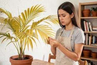 Jeune femme examinant les feuilles jaunes d'un palmier en pot dans un appartement