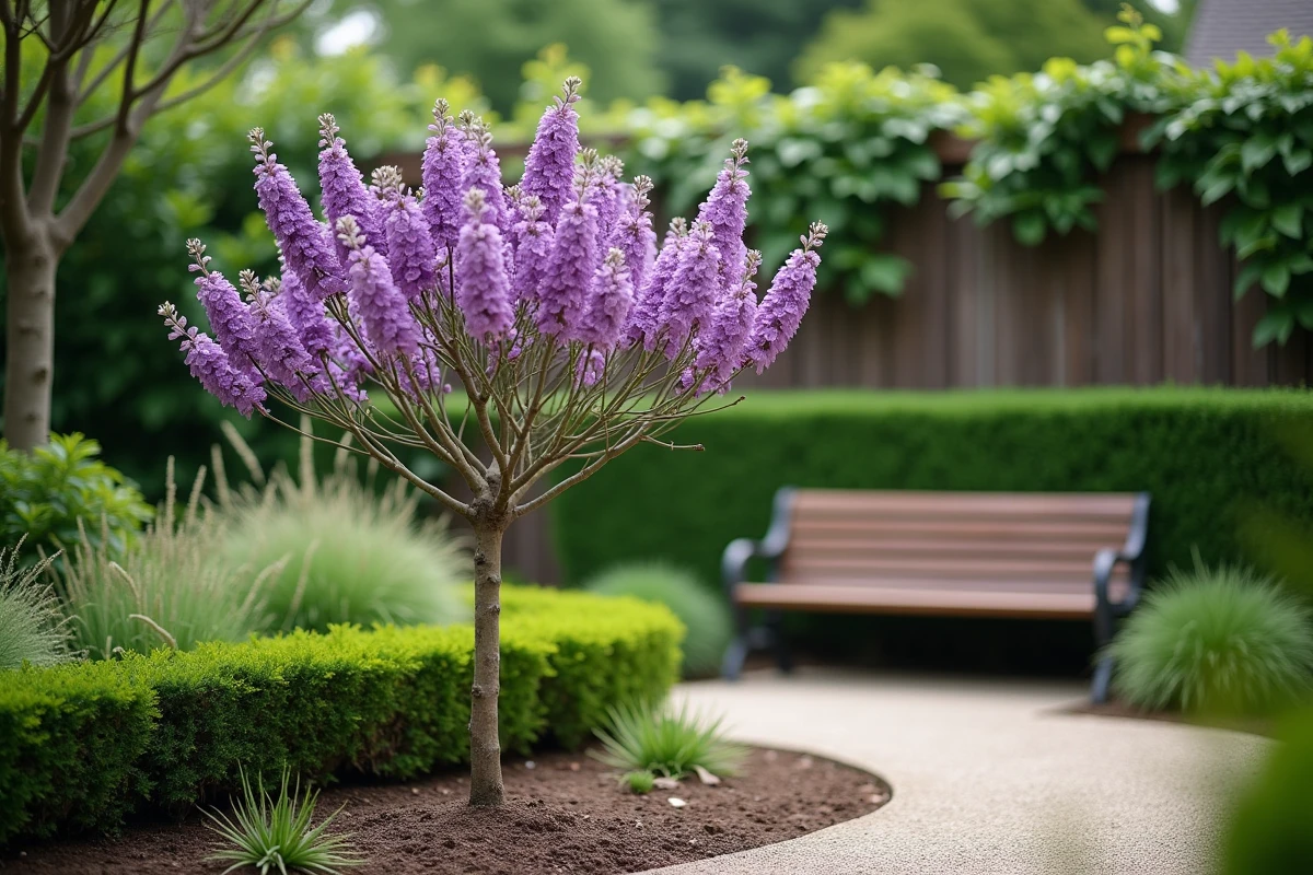 Paulownia en fleurs violettes comme arbre central d'un petit jardin aménagé avec haies et banc en bois