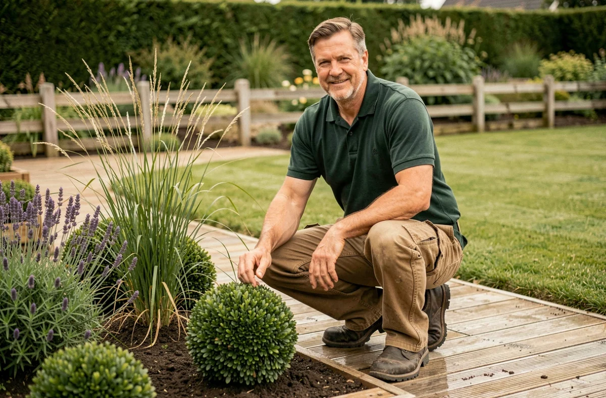 Jardinier paysagiste de l'entreprise Paysage'Ouest plantant une bordure ornementale avec graminées et buis dans un jardin pavillonnaire de Loire-Atlantique