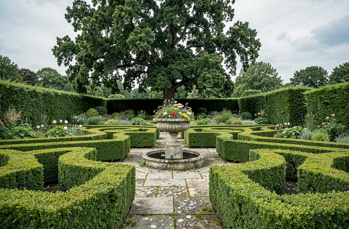 Jardin à la française avec parterres de buis géométriques et urne en pierre dans le secteur de Goulaine, réalisé par Paysages de Goulaine