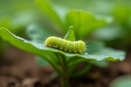 Petite chenille verte sur une feuille de jardin en gros plan, montrant ses segments et ses poils fins