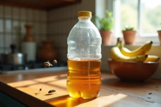 Piège à moucherons fait maison avec une bouteille en plastique coupée et du vinaigre de cidre posé sur un comptoir de cuisine en bois
