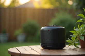 Piège à moustique Alexandre Réant posé sur une table de jardin en bois entouré de végétation verte