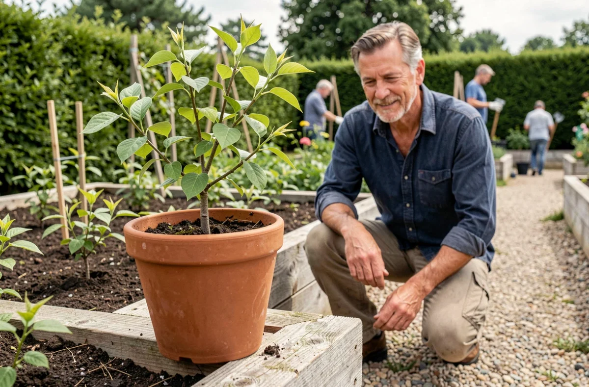 Jeune plant de Lilas du Japon enraciné en pot de terre cuite dans un jardin avec jardinier en arrière-plan