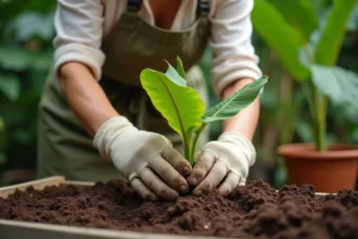 Femme jardinière plantant un jeune bananier dans une terre riche et sombre dans un jardin tropical luxuriant