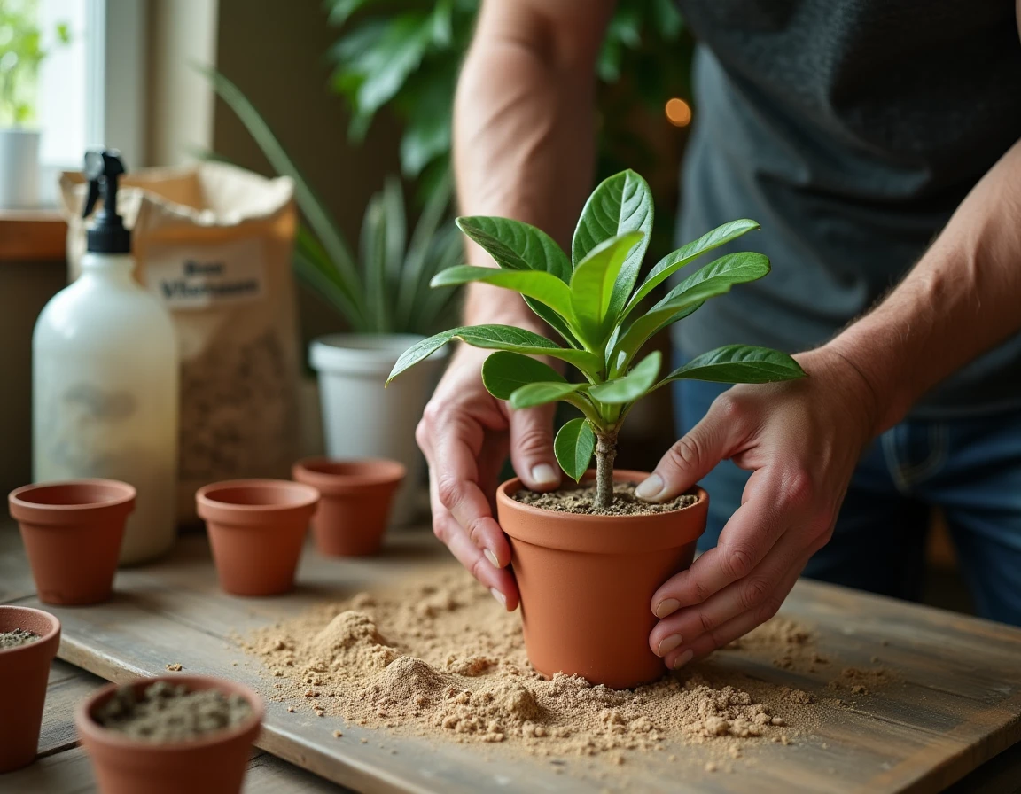Mains expérimentées plantant une bouture de laurier rose dans un pot en terre cuite sur un établi en bois