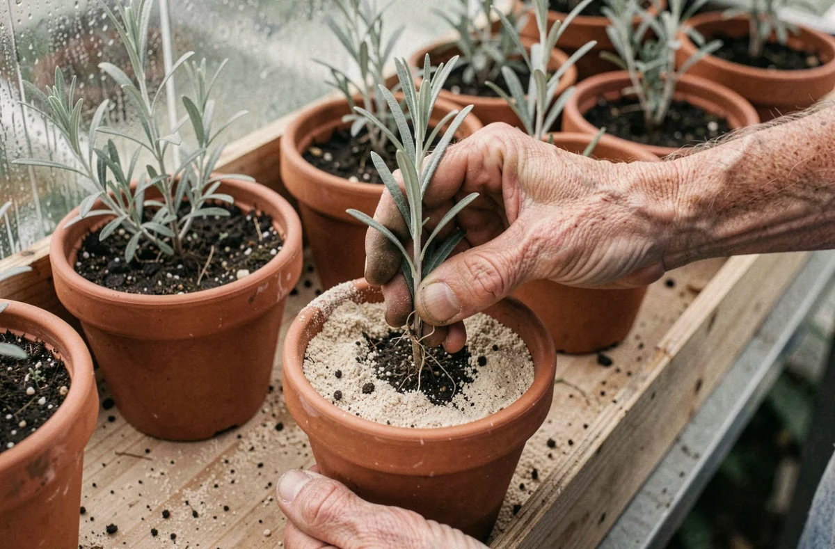 Mains plantant une bouture de lavande dans un pot en terre cuite avec substrat de sableux