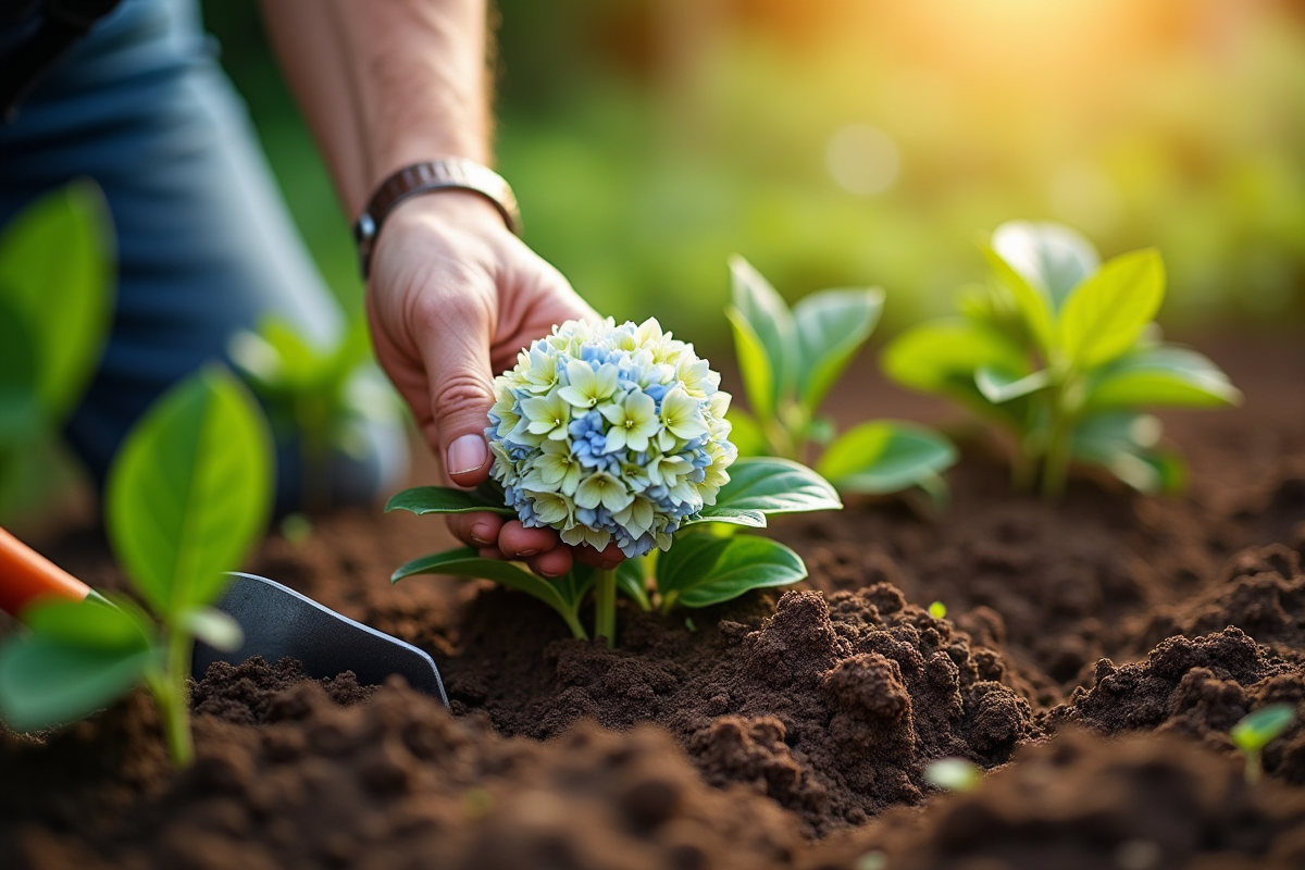 Main de jardinier plantant une hydrangea dans un sol humide