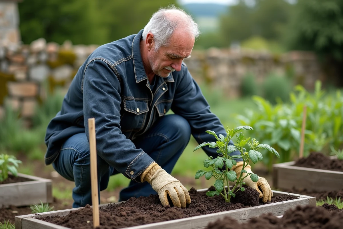Homme qui plante un jeune plant de tomate dans un potager surélevé en plein air en début d'été