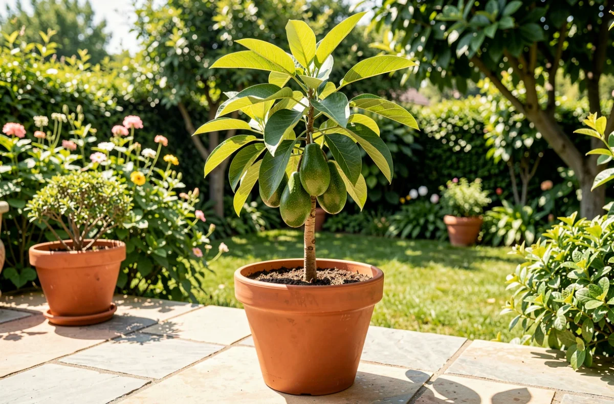 Plante d'avocat en pot sur une terrasse abritée en été