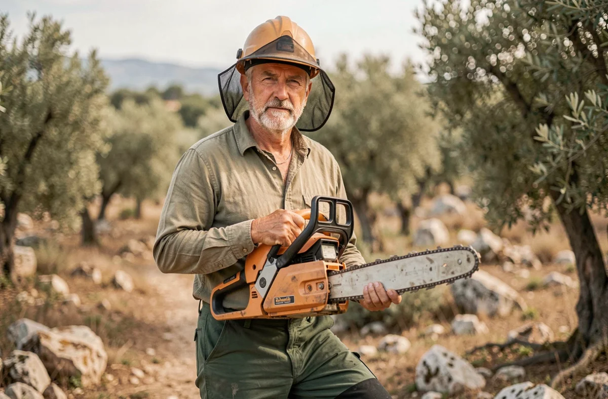 Portrait d'un élagueur professionnel tenant une tronçonneuse avec un paysage de garrigue gardoise en arrière-plan