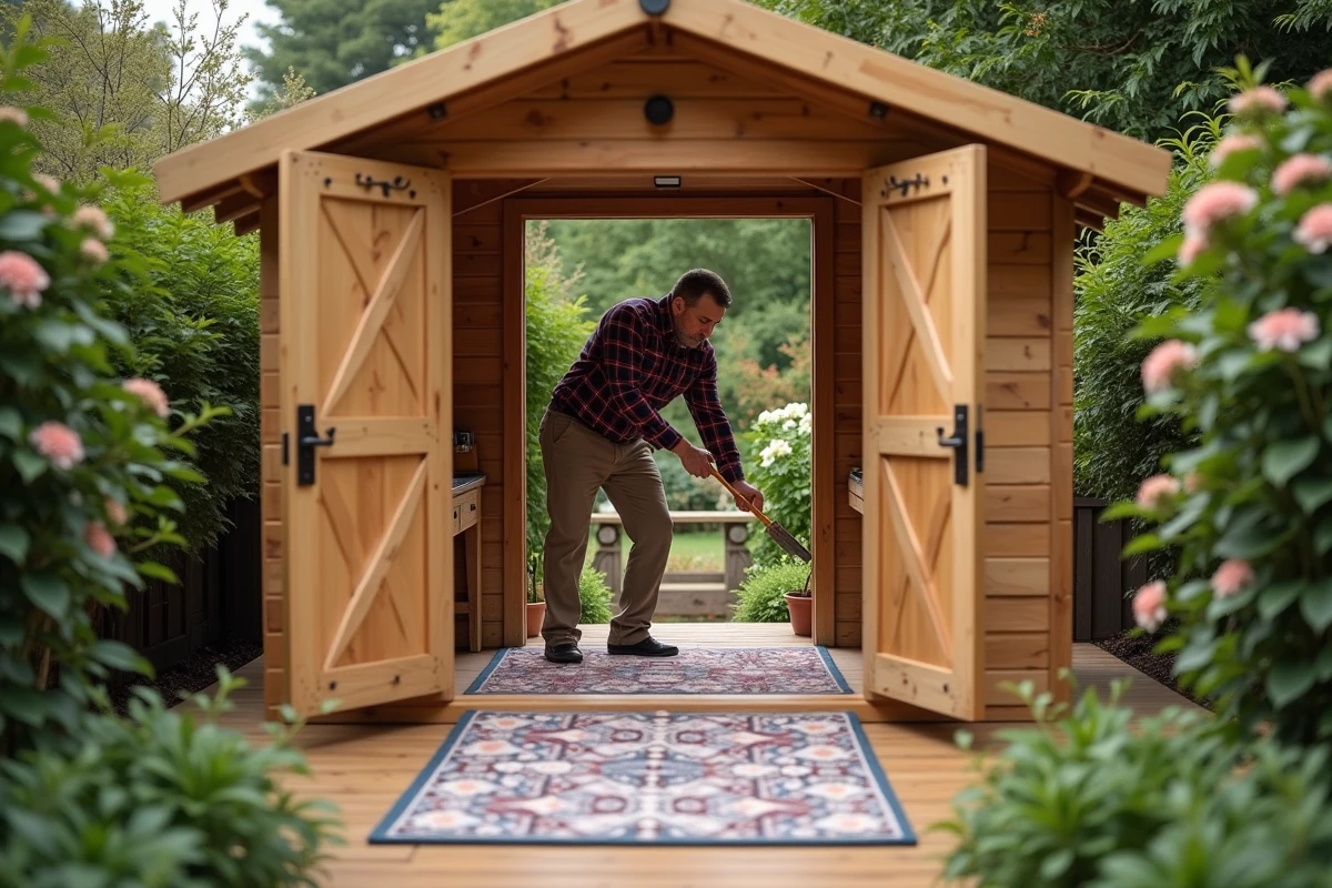 Homme posant un tapis dans un abri de jardin en pleine nature