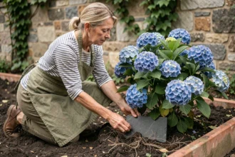 Femme positionnant une ardoise autour des racines d'un hortensia bleu dans un jardin en pierre