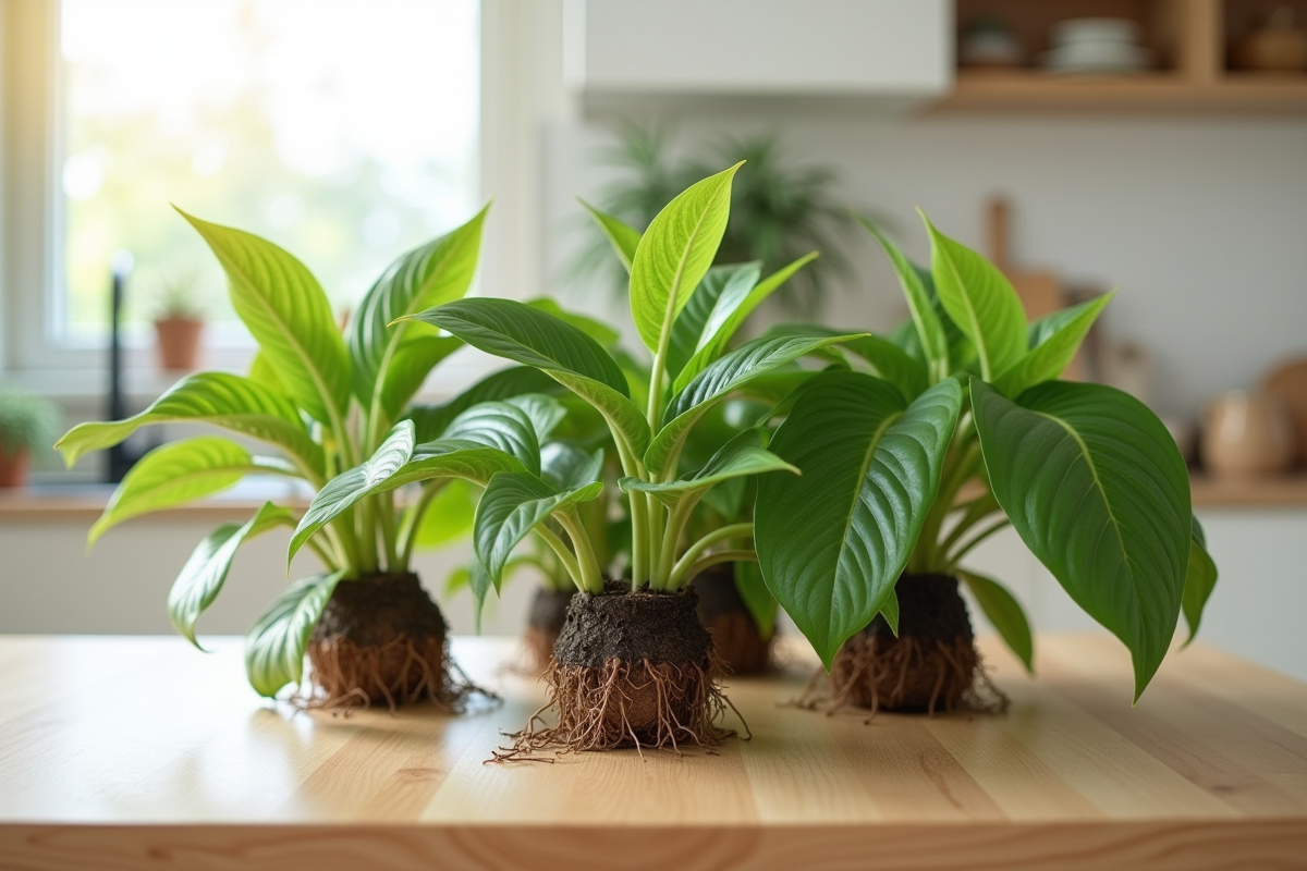 Pothos avec racines développées sur un plan de travail lumineux dans une cuisine