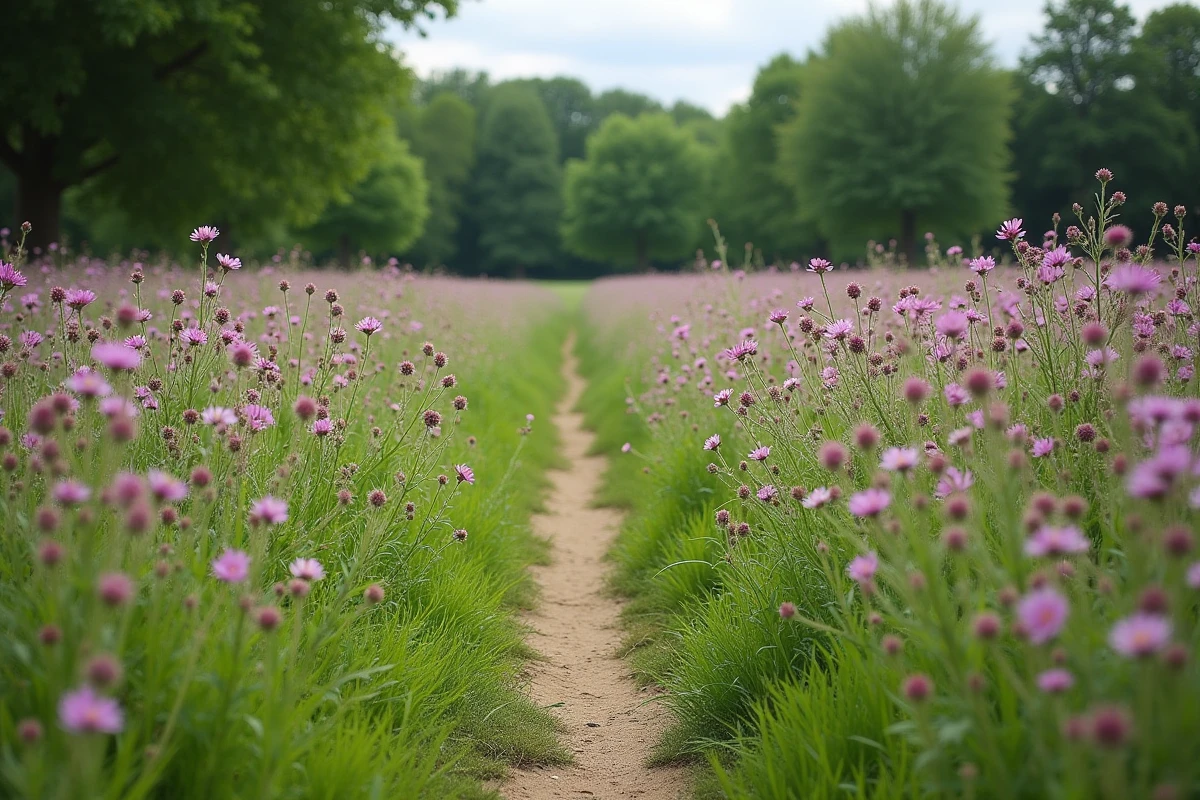 Prairie française en été avec des fleurs sauvages mauves de mauve et de scabieuse des champs en fleur
