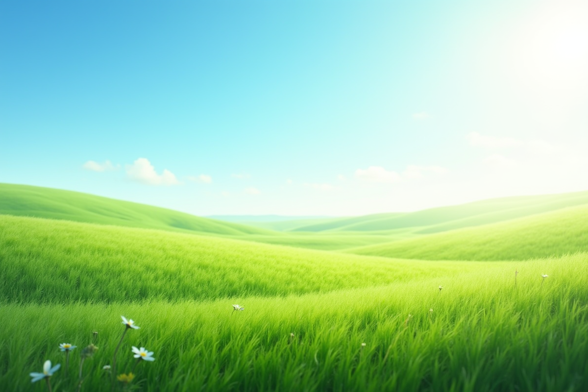 Prairie verte sous ciel bleu avec fleurs sauvages et soleil doux